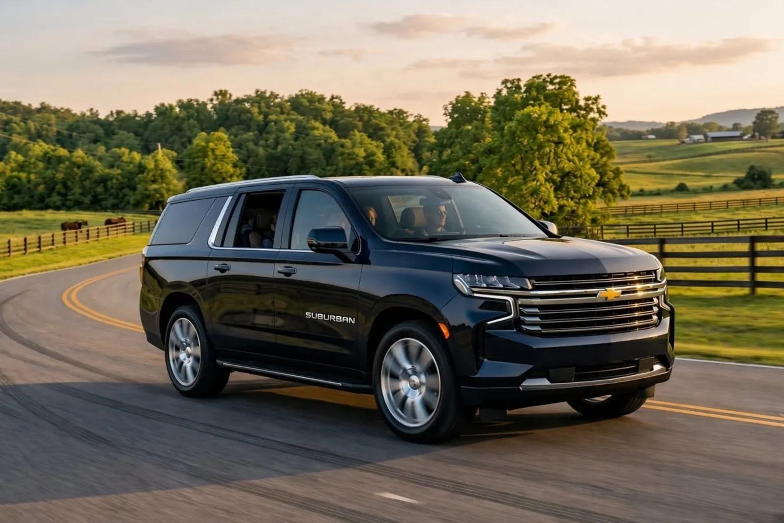 Black 2026 Chevrolet Suburban LT on a winding country road